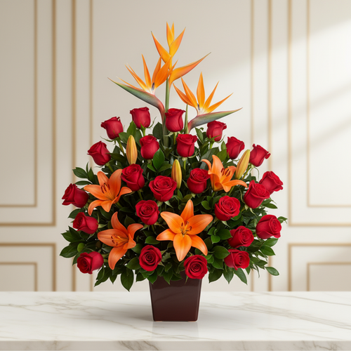 Arreglo floral con rosas rojas y flores naranjas en jarrón marrón toma la imagen adjunta como base y genera 1lawpg 2