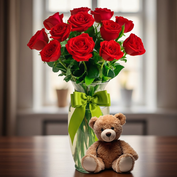 Ramo de rosas rojas en jarrón con lazo verde y oso de peluche toma la imagen adjunta como base y genera x3vk 2