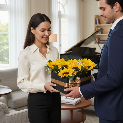 Hombre con traje azul entregando a una mujer una caja de regalo negra con lazo dorado llena de girasoles en un salón luminoso