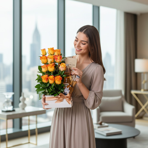 Mujer sonriente sosteniendo un arreglo de rosas naranjas en caja blanca con lazo dorado en una sala de estar moderna con ventanales a la ciudad