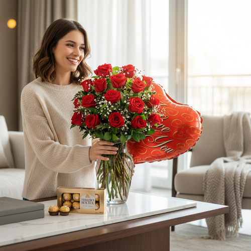 Mujer joven arreglando un gran ramo de rosas rojas en un jarrón de cristal junto a un globo rojo con forma de corazón y una caja de bombones sobre una mesa en una sala de estar luminosa