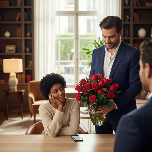 Hombre con traje azul entregando un gran ramo de rosas rojas a una mujer sentada en una mesa de oficina, con estanterías y una gran ventana al fondo
