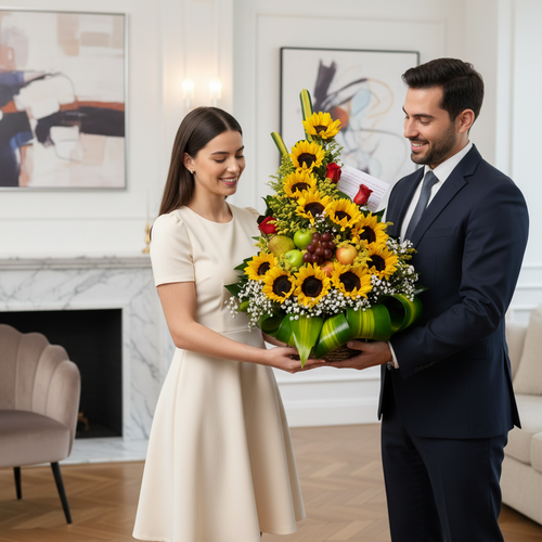 Hombre con traje oscuro entrega a mujer con vestido beige un gran arreglo floral de girasoles, rosas y frutas en una sala de estar moderna con chimenea y cuadros abstractos