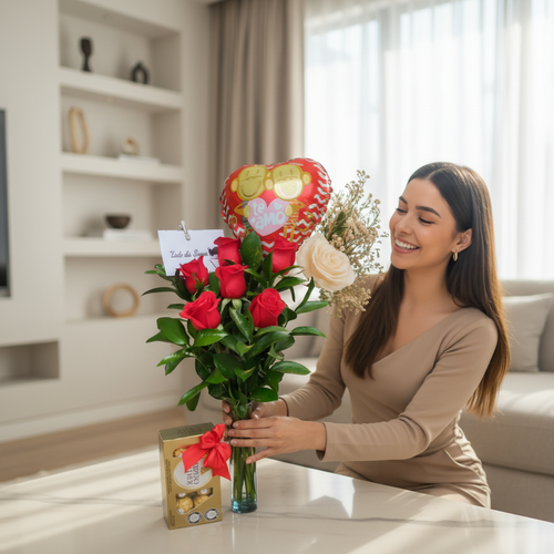 Mujer joven sonriendo mientras acomoda un ramo de rosas rojas con globo de corazón que dice te amo sobre una mesa en sala moderna