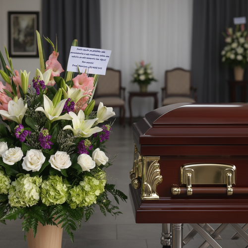 Ataúd de madera barnizada con herrajes dorados junto a un gran arreglo de flores blancas, rosas, lilas y verdes en una sala de velatorio
