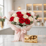ramo de 12 rosas blancas y rojas mas chocolates