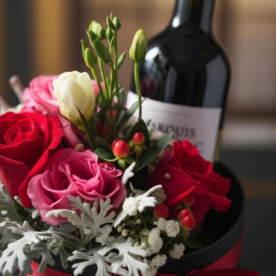 Primer plano extremo de un arreglo floral BENTO con rosas rojas y rosadas, gotas de rocío, follaje verde y una botella de vin