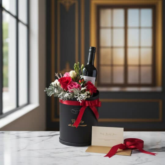 Arreglo floral BENTO con rosas rojas y rosadas, follaje verde, y una botella de vino tinto en una caja negra cilíndrica con c