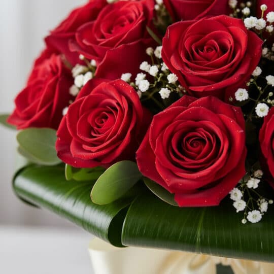 Primer plano extremo de un arreglo floral DOMENICA con 30 rosas rojas vibrantes, gotas de rocío sutiles y follaje verde, dest