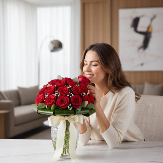 Mujer joven y elegante sonriendo, oliendo un Arreglo Floral DOMENICA con 30 rosas rojas frescas en un jarrón de cristal, sobr