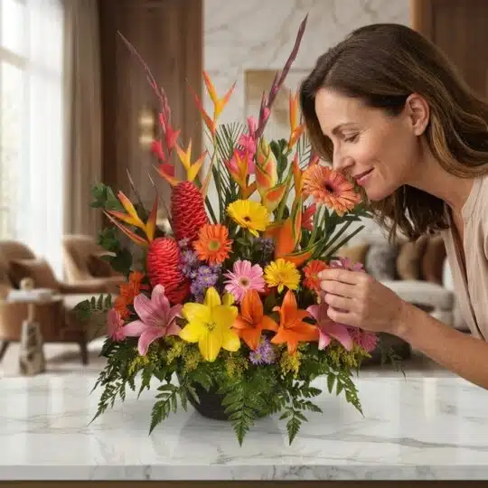 Mujer elegante y natural admirando y oliendo un Arreglo Floral Exótico Fusión con flores tropicales vibrantes en un hogar de