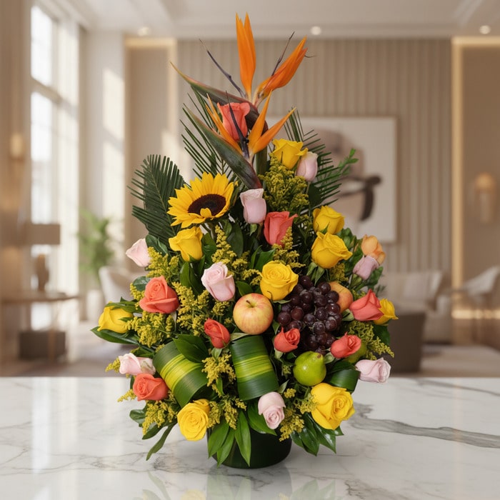 Arreglo Floral con Frutas Tropical