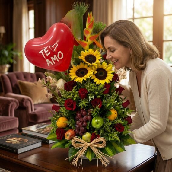 Mujer sonriente admirando un Arreglo Floral con Frutas Trópico, girasoles, rosas rojas y globo de corazón 'Te Amo' en un hoga