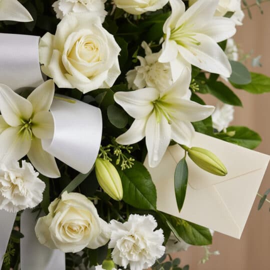 Primer plano macro de un arreglo floral fúnebre blanco con lirios, rosas y claveles, gotas de rocío, cinta satinada y un sobr