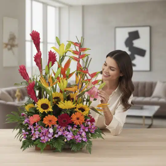 Mujer joven sonriente admirando un arreglo floral exótico GINGER con orquídeas hawaianas, heliconias, girasoles y ginger en u