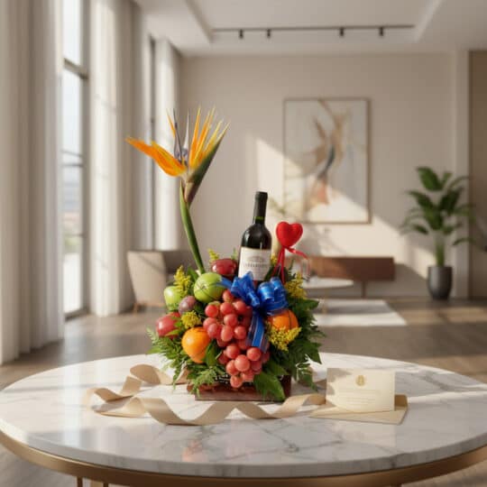Arreglo floral gourmet ITALINA con vino tinto, uvas rojas, manzanas verdes, naranjas, flores de ave del paraíso y follaje ver