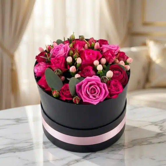 Arreglo Floral LILIAN: Delicada Caja con Rosas Lila y Rojas Arreglo floral LILIAN en caja negra con cinta rosa, lleno de rosas lila y rojas, ideal para regalar.