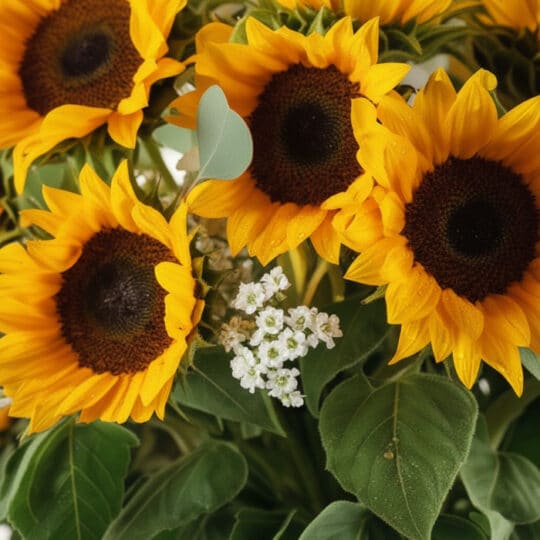 Primer plano extremo de un arreglo floral Martina con 21 girasoles vibrantes, gotas de rocío sutiles y hojas verdes frescas,