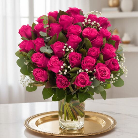 Arreglo Floral NARCISA: 36 Rosas Fucsia para Expresar Pasión Arreglo floral NARCISA con 36 rosas fucsia vibrantes, hojas verdes y pequeñas flores blancas en un jarrón de cristal sobre un