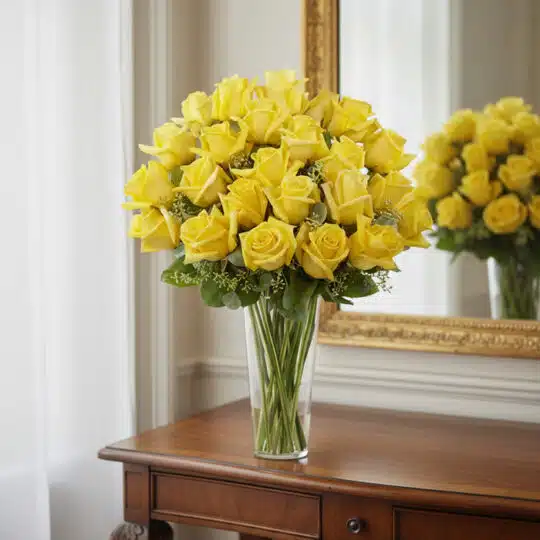 Arreglo floral PANDORA con 36 rosas amarillas frescas en un jarrón de cristal, sobre una mesa de madera elegante con un espej