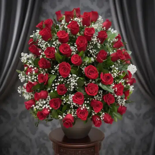 Impresionante arreglo floral de rosas rojas frescas y gypsophila en un jarrón gris sobre una mesa de madera, con un fondo ele