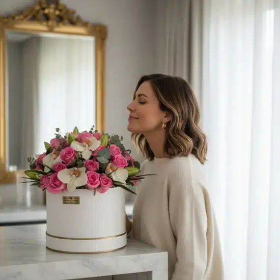 Mujer joven y elegante oliendo con deleite un arreglo floral en caja blanca con rosas rosadas y orquídeas blancas, en un inte