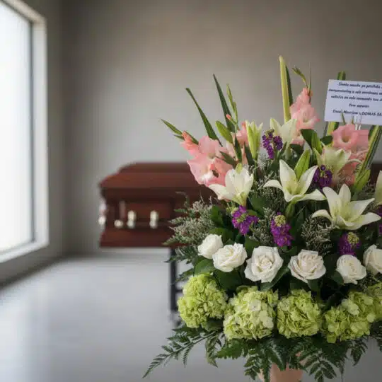 Arreglo floral fúnebre 'Te Fuiste' con lirios blancos, gladiolos rosas, rosas blancas y hortensias verdes, en una sala de vel