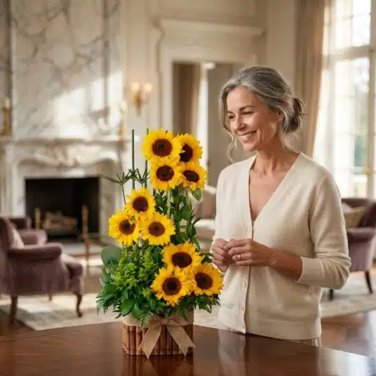Mujer elegante de mediana edad sonriendo y admirando un arreglo floral de girasoles en un lujoso salón con luz natural.