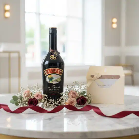 Botella de Baileys de 700ml rodeada de rosas y paniculata, con una tarjeta de regalo elegante y cinta de satén sobre una mesa