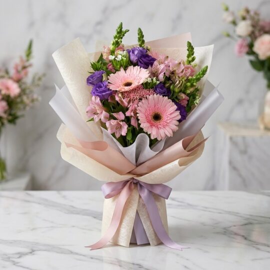 Bouquet Floral CARINA con gerberas y astromelias rosadas, lisianthus morados, envuelto en papel coreano elegante sobre mármol