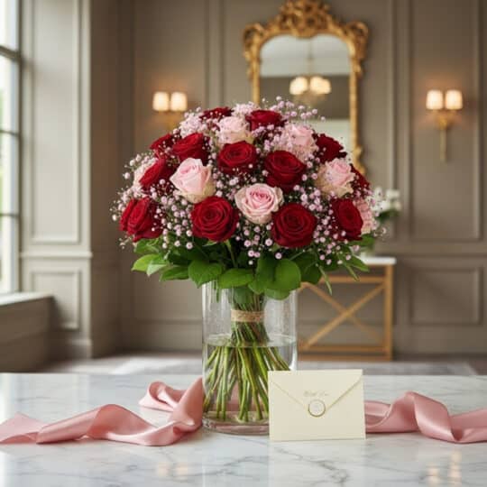 Bouquet ELETRA con 20 rosas rojas y rosadas, envuelto en cinta de satén rosa y tarjeta de regalo, sobre mármol en un lobby el