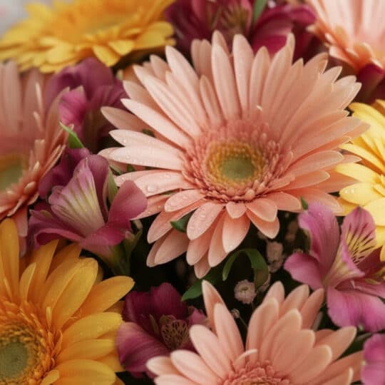 Primer plano extremo de un bouquet de gerberas multicolor con gotas de rocío, mostrando texturas hiperrealistas y colores vib