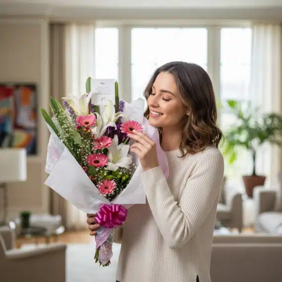 Mujer joven sonriendo y oliendo delicadamente un hermoso bouquet de flores GIA con gerberas rosadas, lirios blancos y flores