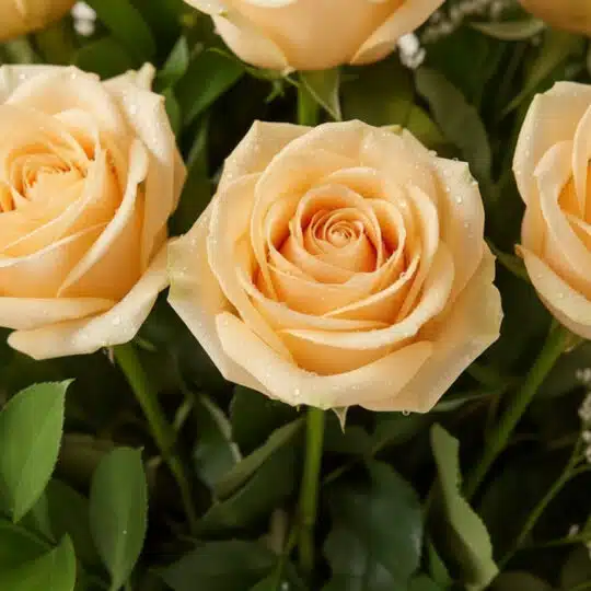 Primer plano extremo de una rosa Celestina color melocotón con gotas de rocío, mostrando textura hiperrealista y frescura.