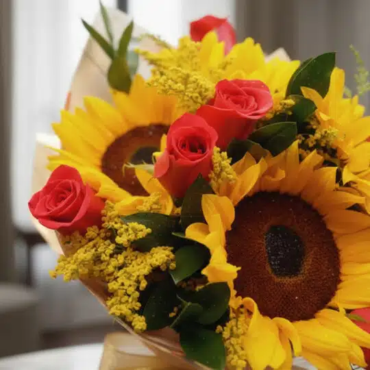 Primer plano extremo de un bouquet de rosas rojas y girasoles con gotas de rocío, destacando texturas hiperrealistas y colore