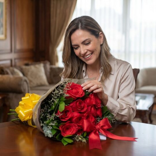 Mujer sonriente y elegante admirando un hermoso bouquet de rosas rojas, envuelto en papel kraft con un moño amarillo y otro r