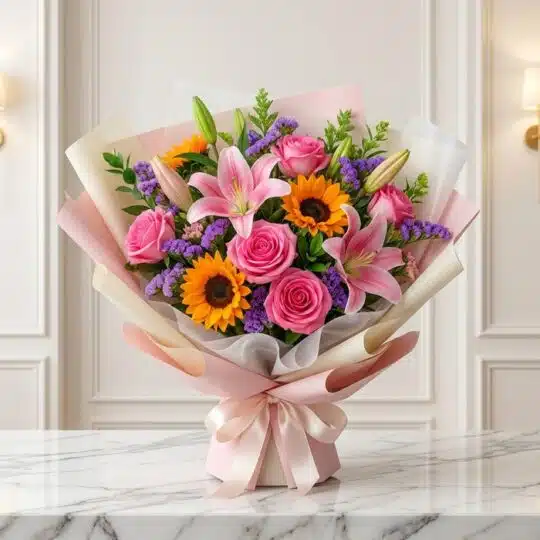 Bouquet SOFIA con rosas rosadas, lirios rosados y girasoles, envuelto en papel coreano elegante sobre mármol blanco, ideal pa