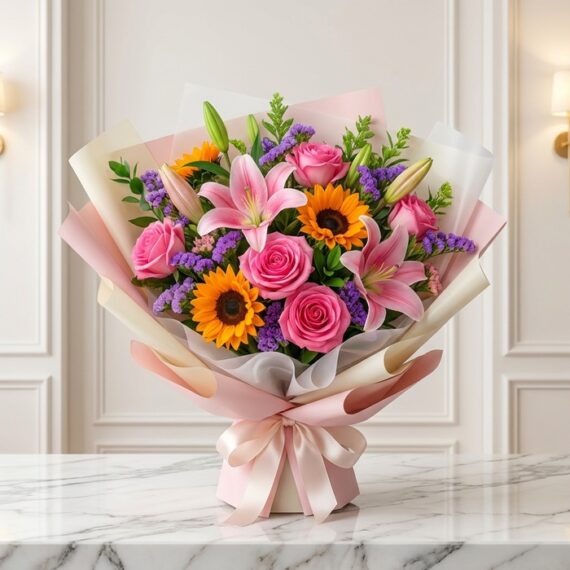 Bouquet SOFIA: Rosas, Lirios y Girasoles en Armonía Primaveral Bouquet SOFIA con rosas rosadas, lirios rosados y girasoles, envuelto en papel coreano elegante sobre mármol blanco, ideal pa