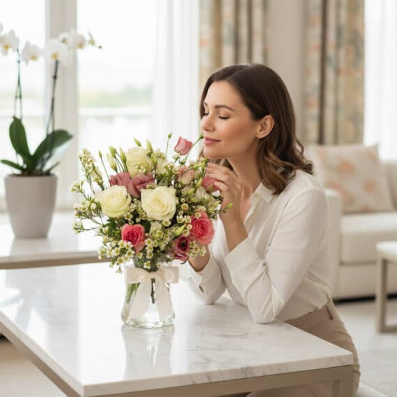 Mujer elegante y natural admirando el Bouquet Floral SUSANA con rosas y astromelias en un jarrón de cristal con lazo, en un i