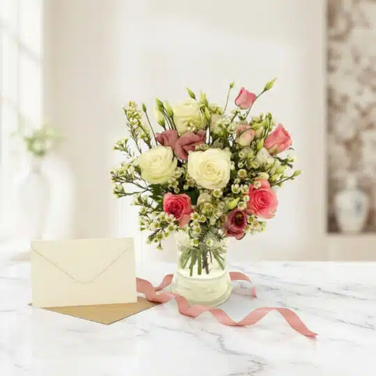 Bouquet Floral SUSANA con rosas blancas y rosadas, astromelias y follaje verde en jarrón de cristal, sobre mármol blanco con