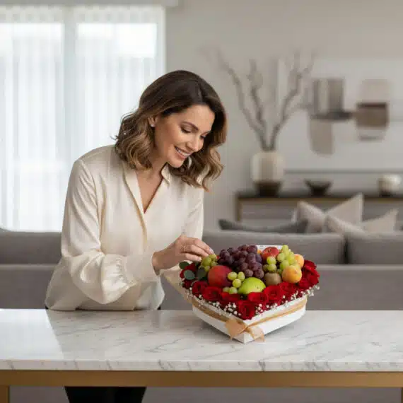 Mujer elegante admirando un arreglo floral de lujo con rosas rojas y frutas frescas en una caja en forma de corazón, sobre un