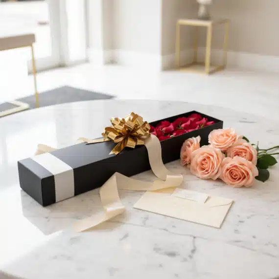 Caja negra con rosas rojas y melocotón, lazo dorado, cinta de satén y tarjeta de regalo sobre mesa de mármol. Regalo floral p