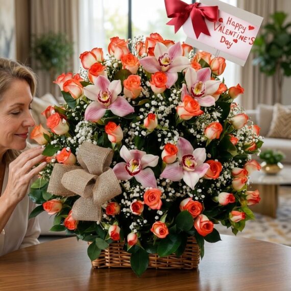Mujer admirando y oliendo una canasta grande de rosas naranjas y orquídeas rosadas con un moño de rafia y una tarjeta de San