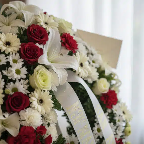 Primer plano de la Corona de Homenaje Fúnebre Ararat con rosas rojas, lirios blancos y margaritas, con rocío sutil y cinta sa