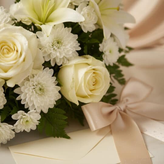 Fotografía macro premium de la Corona Fúnebre Homenaje Gadriel, mostrando rosas blancas, lirios y crisantemos con rocío sutil