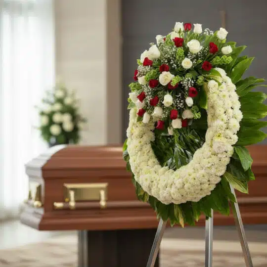 Corona fúnebre Legado de Hildegarda con rosas rojas y blancas, crisantemos y follaje verde, en sala de velación moderna con a