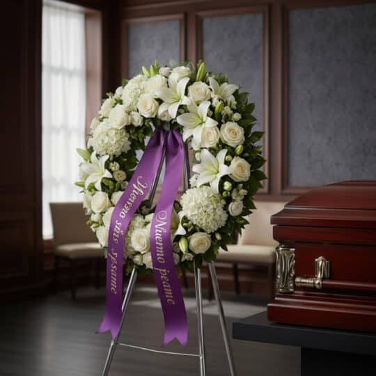 Impresionante corona funeraria de rosas blancas y lirios, con cinta morada de condolencias, en una sala de velación premium j