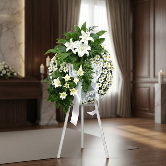 Corona de Homenaje "El Vuelo de Uriel" con Lirios y Margaritas Blancas Corona de homenaje "El Vuelo de Uriel" con lirios blancos, margaritas y follaje verde, sobre un trípode blanco en una sala de