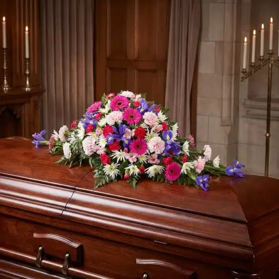 Cubre Caja Fúnebre "El Legado de Francisco" 🕊️ Cubre caja fúnebre "El Legado de Francisco" con flores variadas en tonos rosas, morados y blancos, sobre un ataúd de madera o