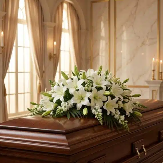 Elegante Cubre Caja Fúnebre con Rosas Blancas y Lirios Frescos Cubre caja fúnebre 'Legado de José' con rosas blancas y lirios, sobre un ataúd de madera oscura en un entorno elegante y sole